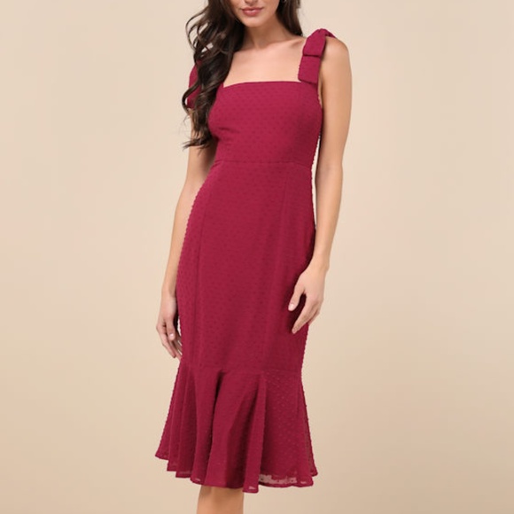 Lulus Dresses & Skirts - Lulus Bimini Dark Wine Red Swiss Dot Tie-strap Midi Dress Purple - Size XXL